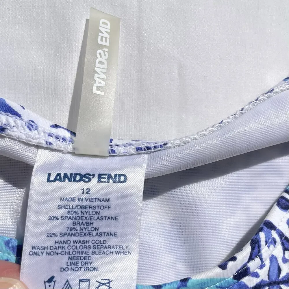 Lands' End Blue and White Tile-Print Tankini with Royal Blue Swim Shorts